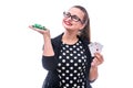 Young woman holding playing cards and chips isolated on white Royalty Free Stock Photo