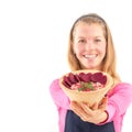 Young woman holding raw vegan healthy food. Raw food concept bamboo bowl