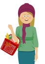 Young woman holding shopping basket filled with vegetables and fruits wearing knitted hat and scarf Royalty Free Stock Photo