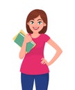 Young woman holding/showing books. Student holding books in hand. Human emotion and body language concept illustration in vector