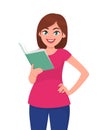 Young woman holding/showing/reading a book. Human emotion and body language concept illustration in vector cartoon.