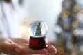 Young woman holding snow globe with Christmas tree on blurred background Royalty Free Stock Photo