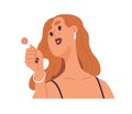 Young woman holding sweet lollypop. Happy carefree girl with lollipop on stick in hands. Modern female character eating