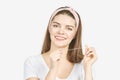 Young woman holding teeth floss. Dental health care concept. Beauty smiling face Royalty Free Stock Photo