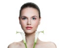 Young woman holding two calla lily flower isolated on white background Royalty Free Stock Photo