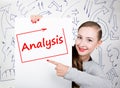 Young woman holding whiteboard with writing word: analysis. Technology, internet, business and marketing.