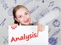 Young woman holding whiteboard with writing word: analysis. Technology, internet, business and marketing.