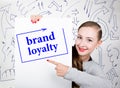 Young woman holding whiteboard with writing word: brand loyalty. Technology, internet, business and marketing. Royalty Free Stock Photo