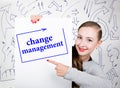 Young woman holding whiteboard with writing word: change management. Technology, internet, business and marketing. Royalty Free Stock Photo