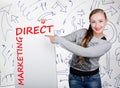 Young woman holding whiteboard with writing word: direct marketing. Technology, internet, business and marketing. Royalty Free Stock Photo