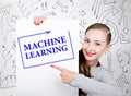 Young woman holding whiteboard with writing word: machine learning. Technology, internet, business and marketing.