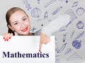 Young woman holding whiteboard with writing word: mathematics. Technology, internet, business and marketing.