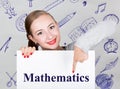 Young woman holding whiteboard with writing word: mathematics. Technology, internet, business and marketing.