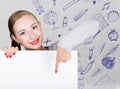 Young woman holding whiteboard with writing word: white form. Technology, internet, business and marketing.