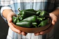 Young woman holding wooden bowl  green hot chili peppers, closeup Royalty Free Stock Photo