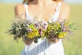 Young woman holding wreath made of beautiful flowers in field on sunny day, closeup Royalty Free Stock Photo