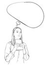 Young woman holds book in hands, looks straight and thinks with thought bubble, vector sketch