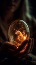 A young woman holds in her hand a transparent glass egg with a chick inside. Easter concept. Royalty Free Stock Photo