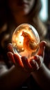 A young woman holds in her hand a transparent glass egg with a chick inside. Easter concept. Royalty Free Stock Photo