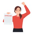 Young woman holds loan approval application paper sheets document. Mortgage or credit form with stamp approved Royalty Free Stock Photo