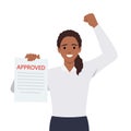 Young woman holds loan approval application paper sheets document. Mortgage or credit form with stamp approved Royalty Free Stock Photo