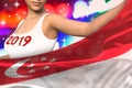 Young woman holds Singapore flag in front on the party lights - Christmas and 2019 New Year flag concept 3d illustration Royalty Free Stock Photo