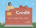 A young woman holds a trowel and mortar as she rebuilds a brick credit card