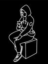 Young woman in hoodie sitting on box, looking at mobile phone. Vector illustration of girl checking social networks