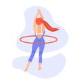 Young woman with hoola hoop illustration in flat style. Woman twirling hula hoop in vector Royalty Free Stock Photo