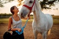 Young woman with horse.  girl at horse ranch Royalty Free Stock Photo