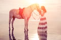 Young woman on a horse. Horseback rider, woman riding horse on b Royalty Free Stock Photo