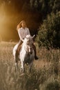 Young woman on horseback rides outdoors in a field with tall grass.