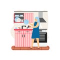 Young woman dishwasher washing dishes in kitchen, flat vector illustration. Home cleaning and dishwashing services. Royalty Free Stock Photo