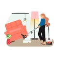 Young woman cleaning living room with vacuum and floor cleaner, flat vector illustration. Home cleaning services. Royalty Free Stock Photo