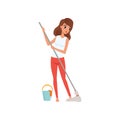 Young woman housewife cleaning the floor with a mop and a bucket of water, people activity, daily routine vector