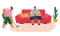 Young woman housewife cleaning the floor with a mop, smiling man sitting contented on the couch