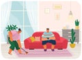 Young woman housewife cleaning floor with mop, smiling man sitting on couch serfing internet