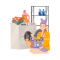 Young Woman Housewife Doing Laundry in Washing Machine at Home Vector Illustration