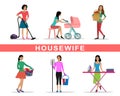 Young woman housewife set doing housework vector illustration