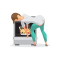 Young woman housewife takes a chicken out of an oven. Girl prepa