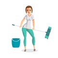 Young woman housewife washes a floor mop. Girl doing domestic wo