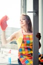 Young woman housewife washes a window