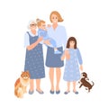 Young woman hug her old mother, baby and small girl with love. Mother and daughter love as family. Mother`s day concept media. Ca Royalty Free Stock Photo