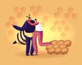 Young Woman Hugging Man in Bee Costume on Yellow Background with Honeycombs Pattern. Care of Apis, Beekeeping