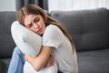 Woman hugging pillow with depression Royalty Free Stock Photo