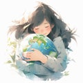 A young woman hugging planet Earth