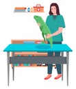 A young woman with iguana. Veterinary care flat illustration. Veterinarian wooman holding big lizard