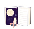 Young woman immersion to the book universe. Girl sits with her legs plunged into the space. Reading concept, literature