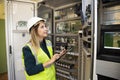 Young businesswoman standing in front of the control panel in the control room Royalty Free Stock Photo