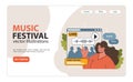 Young woman interacting with a live music festival streaming. Flat vector illustration